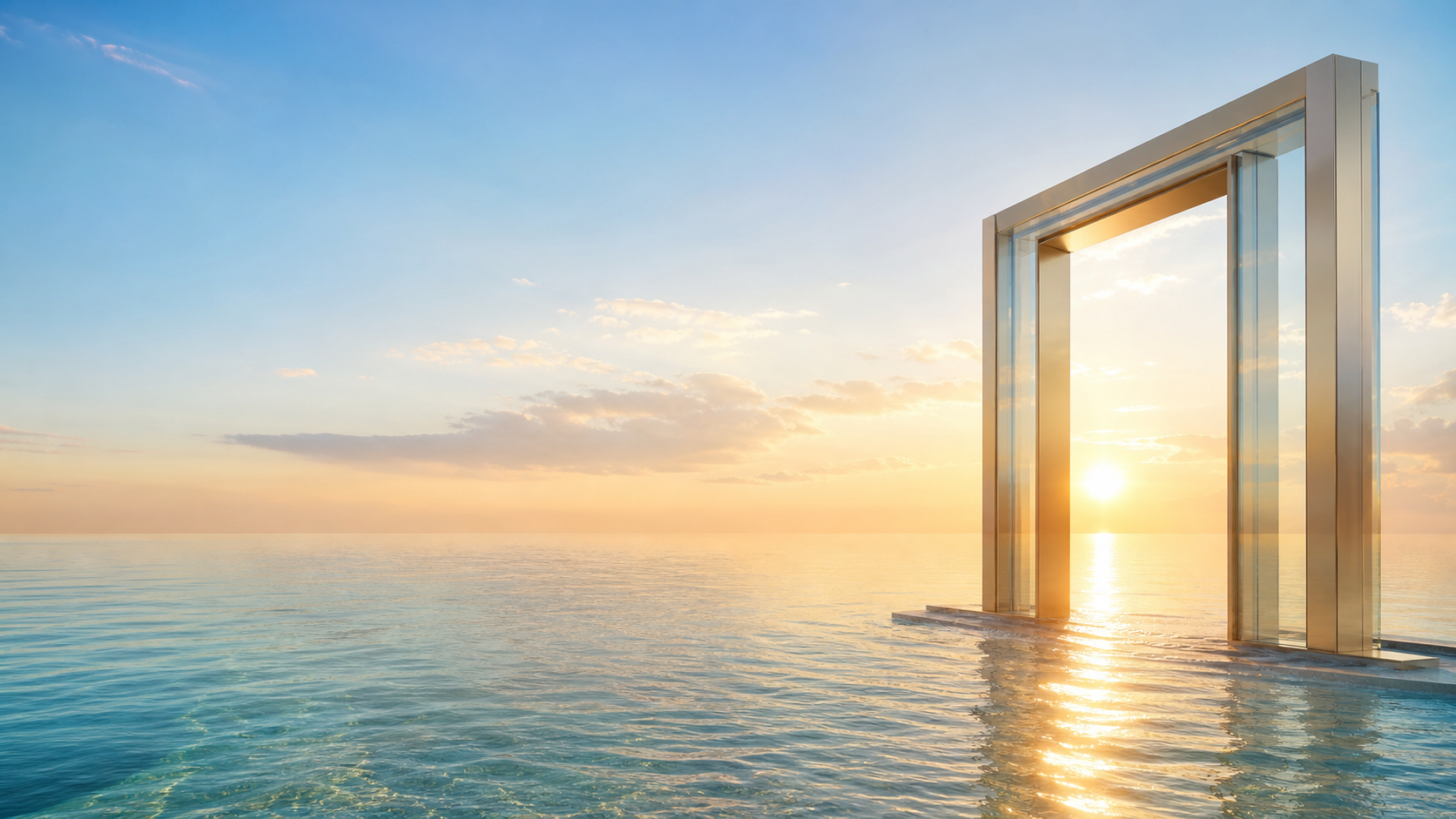 Modern gateway over a calm ocean at sunrise